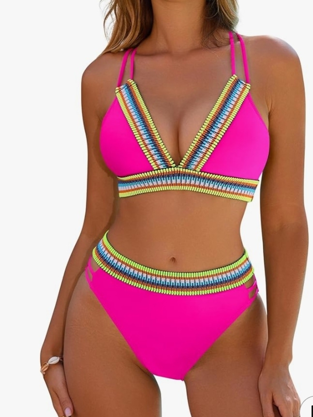 Hot Pink Beaded Trim High-Waist Bikini Set - Women Swim